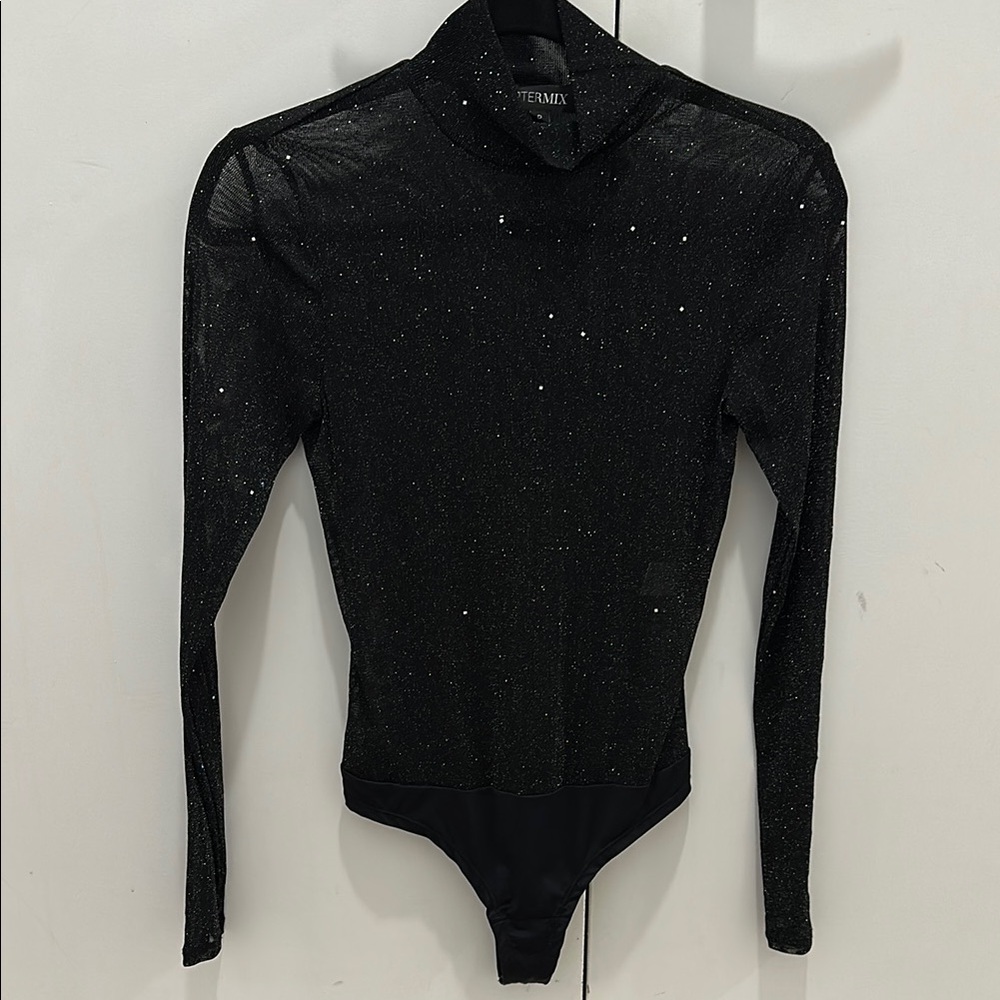 INTERMIX Black Sheer Sparkle Long Sleeve Bodysuit – Size XS